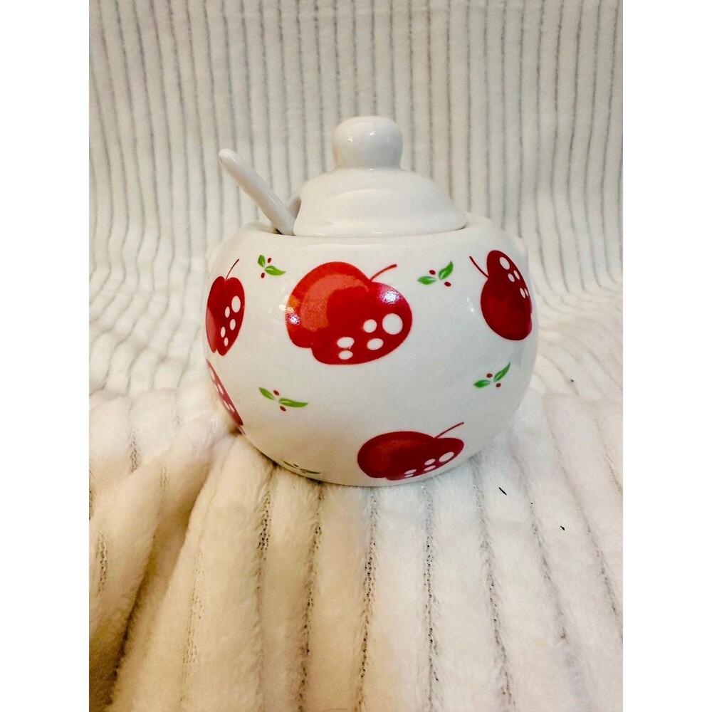 Vintage White Jam Jar, Red Apple and White Covered Bowl
